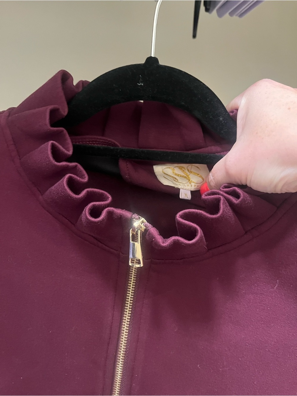 Women’s Ruffle Collar Bomber Jacket in Burgundy with Gold Zip